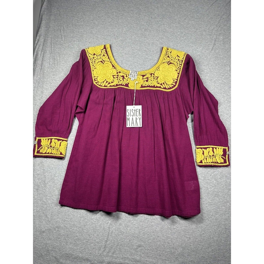 NWT Sister Mary Norma Women S 3/4 Sleeve‎ Embroidered Boho Hippie Floral …